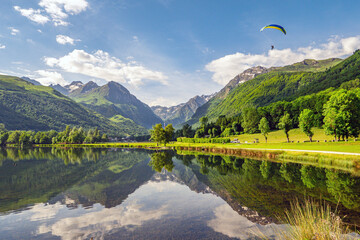 Génos, Hautes-Pyrénées, France: Paragliding over Lac de Génos-Loudenvielle in Vallée de Louron (Louron Valley)