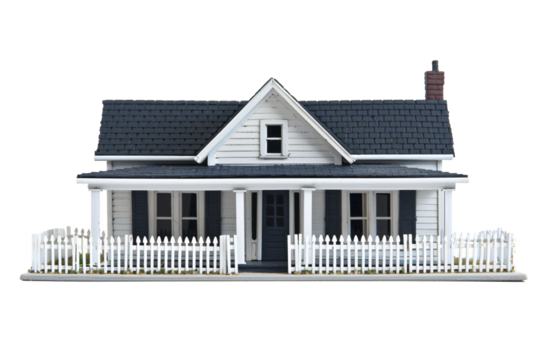 a model of a house with a white picket fence