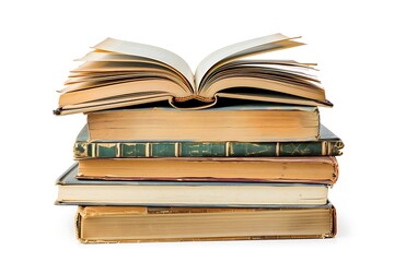 Pile of old books isolated on white background