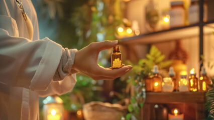 Obraz premium A peaceful display features small bottles of homeopathic remedies endorsing a holistic healthcare approach, including aromatherapy and homeopathy