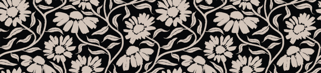 Hand drawn leaves and flowers seamless pattern. ink brush texture.