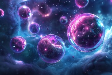 Naklejka premium Detailed hologram of a stem cell, futuristic lab background, vibrant neon colors, hightech medical research, digital painting