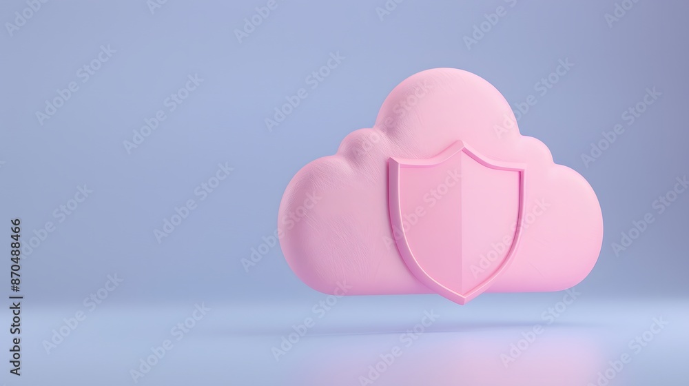 Poster 3d cloud icon with shield symbolizing data security and protection. light purple background. ideal f