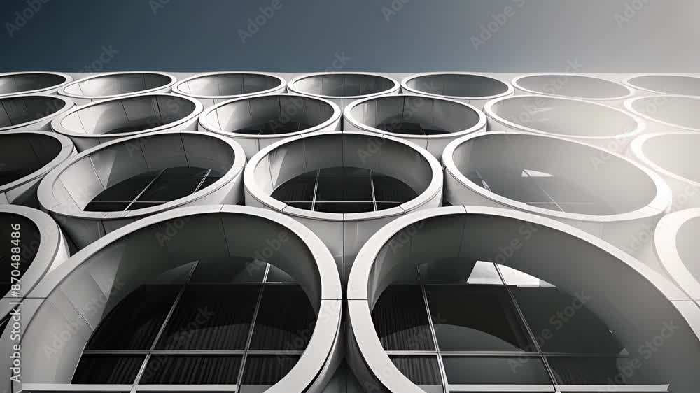 Poster the repeating patterns of a series of spherical windows on a steel building create a mesmerizing vis