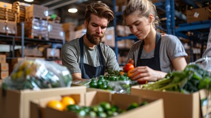 Volunteers sort and pack food at a local food bank, preparing boxes to distribute to families in need.