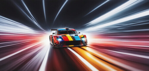 Graphic, colorful and very dynamic drawing of a racing car on the race track