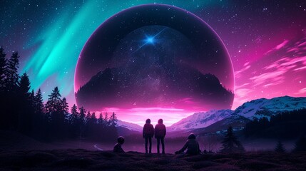 Fototapeta premium Family interacting with advanced robotics in a bioluminescent forest, with a nebula and a supernova in the sky, and the Aurora Borealis creating a magical ambiance, reminiscent of a fairy tale setting