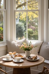 A table is set with two cups of coffee and a plate of food. The setting appears cozy and inviting, perfect for a morning meal or snack