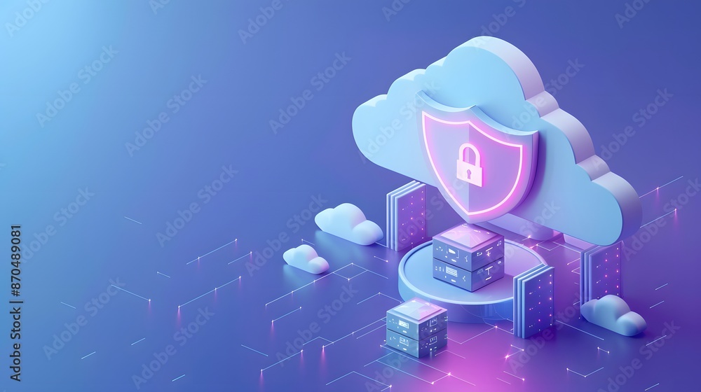 Poster 3d illustration of a cloud security concept with a digital lock, representing data protection and en