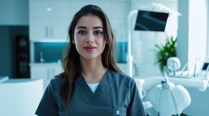 Obraz premium Smiling Medical Assistant in Contemporary Dentist Clinic