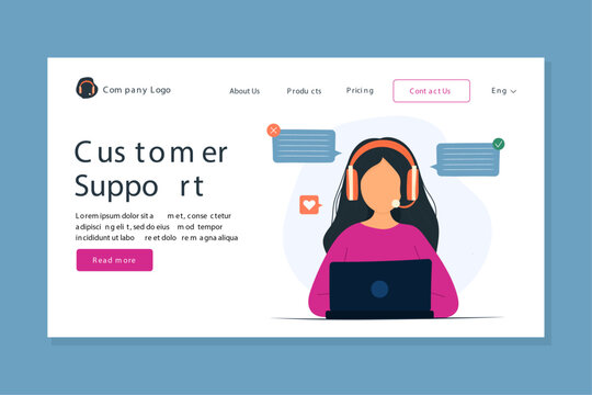 Customer support landing page. Woman with headphones and microphone works on computer in cartoon vector style. Concept of website for service support and call center.