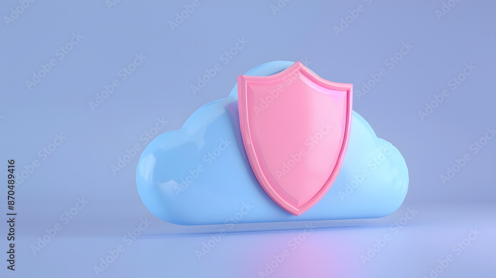 Poster 3d illustration of a cloud with a shield symbolizing cloud security and data protection.
