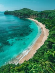A beautiful beach with a rocky island in the background