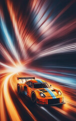Naklejka premium Graphic, colorful and very dynamic drawing of a racing car on the race track
