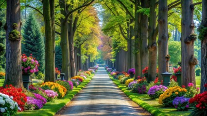A serene Memorial Lane lined with colorful flowers and tall trees , memorial, remembrance, path, beauty, tranquility