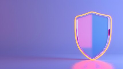 3D illustration of a glowing shield in purple and blue background symbolizing protection and security in a minimalistic style.