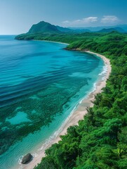 A beautiful beach with a rocky island in the background