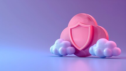Obraz premium 3D illustration of a pink cloud and shield symbolizing cybersecurity, data protection, and cloud computing on a blue and purple background.