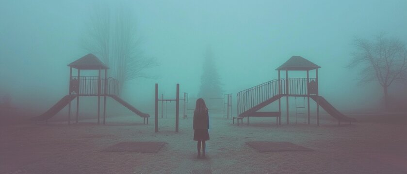 Ghostly child standing in a foggy playground, soft lighting, Realistic, Photography, Spooky and melancholic