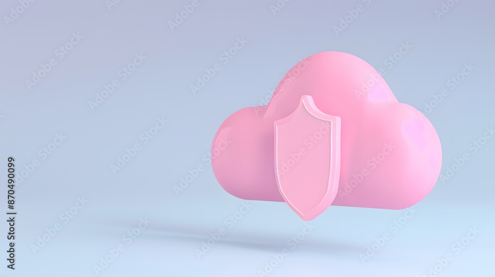 Poster 3d illustration of a pink cloud with a security shield symbol, representing data protection and clou