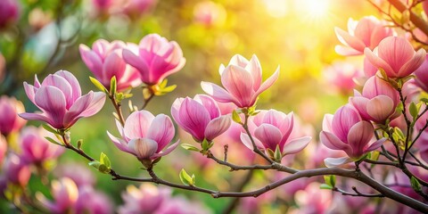 Fototapeta premium Pink magnolia flowers blooming in a garden, pink, magnolia, flowers, blooming, garden, spring, petals, beautiful, colorful