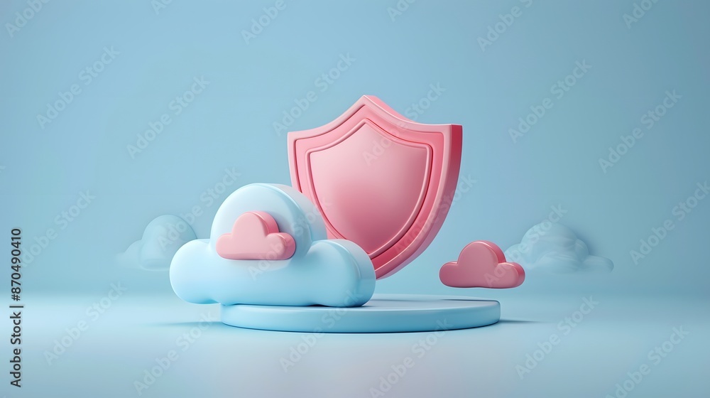 Poster 3d illustration of a pink shield symbol and blue cloud icons representing data security in a minimal