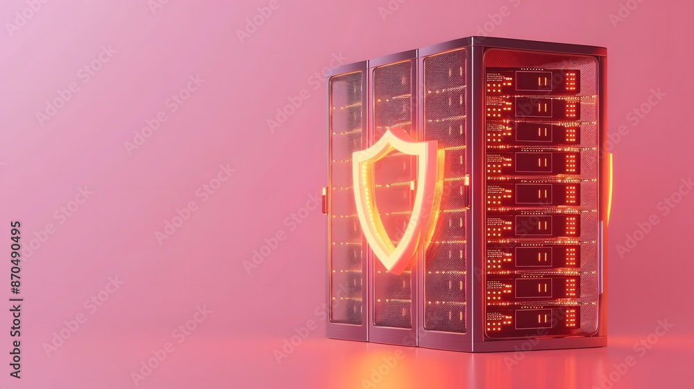 Poster 3d illustration of a secure server rack with a glowing shield symbol, representing cybersecurity in 