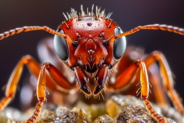 Fototapeta premium Detailed macro shot of a red insect perched on a rock, showcasing the vibrant colors and textures of the creature and its surroundings