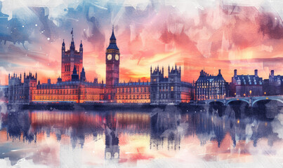 Fototapeta premium Watercolor London cityscape with Houses of Parliament and Big Ben tower at sunset, UK