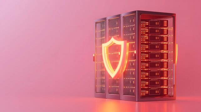 3D illustration of a secure server rack with a glowing shield symbol, representing cybersecurity in a modern data center.