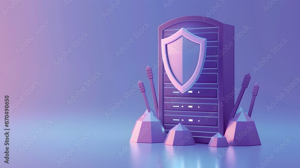 Poster 3d illustration of a server with a protective shield, symbolizing data security and protection in a 