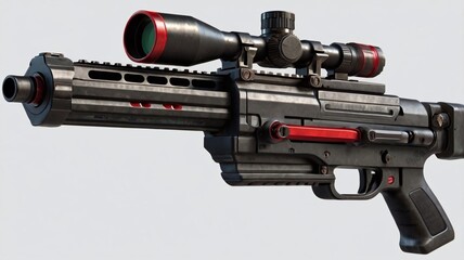 video game sniper rifle with black and red color combination. The rifle has a bipod mount that folds under the barrel and a silencer mounted on the muzzle