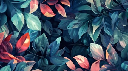 Abstract background of leaves in blue and red colors. abstract natural plants background