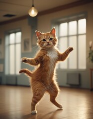 Moving gracefully, an anthropomorphic cat dances with elegance in the dance studio
