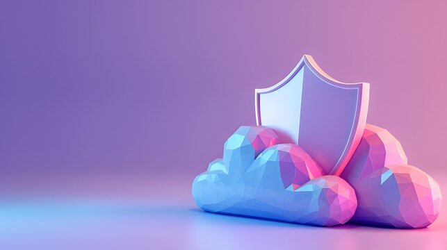 3D illustration of cloud computing security concept. Shield protecting clouds against cyber threats with gradient background.