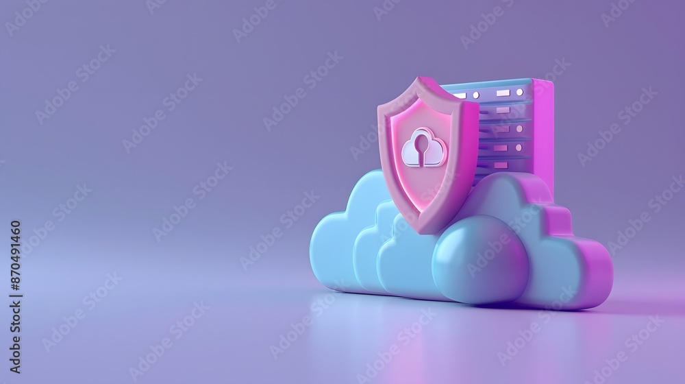 Poster 3d illustration of cloud with a server and shield icon representing cloud security and data protecti