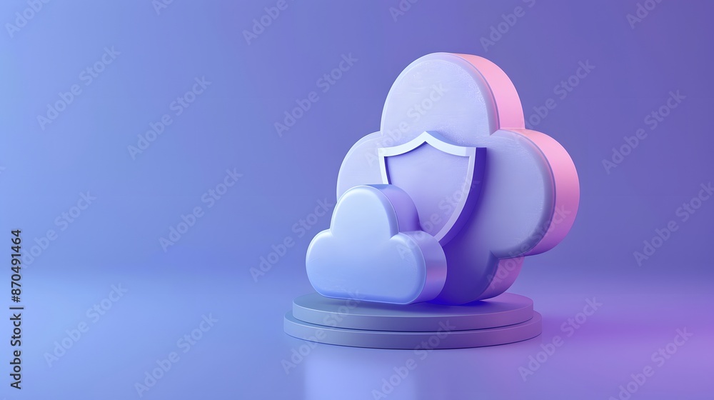 Poster 3d illustration of cloud security with shield, representing data protection and cybersecurity in a m