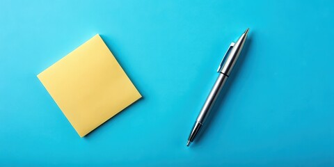 Post-it note and pen on a bright blue background, yellow, sticky note, writing tool, office supplies, stationary