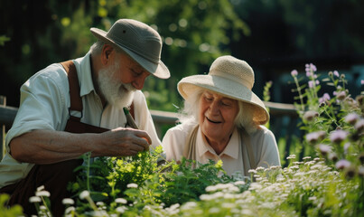 Elderly senior couple harvesting herbs in garden during summer