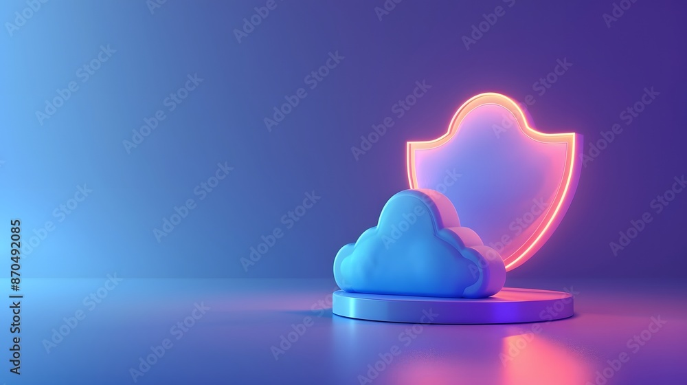Poster 3d render of a neon-lit shield and cloud representing cybersecurity protection in a futuristic setti