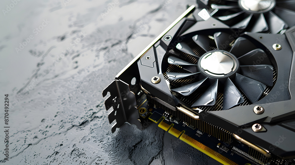 Fototapete computer graphics card on gray textured background, closeup. space for text