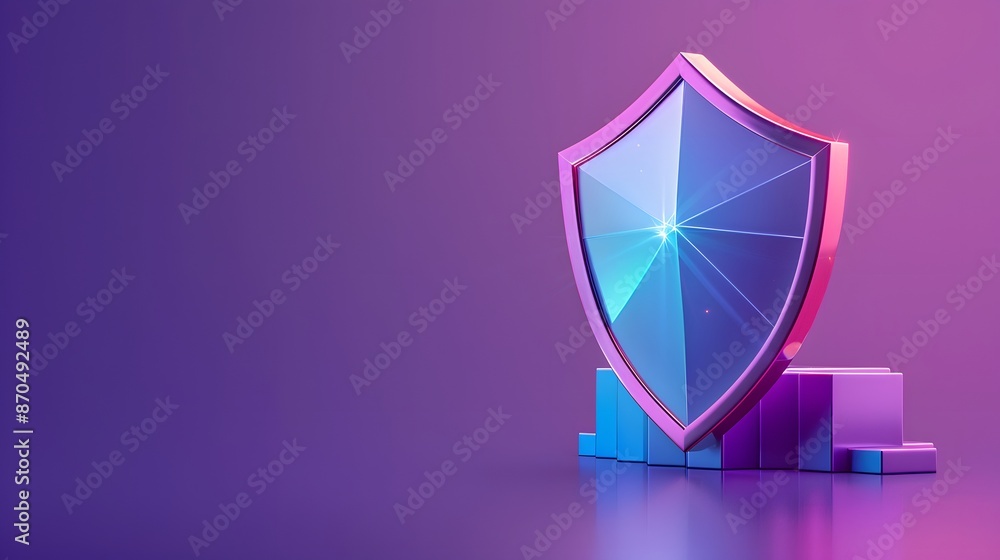 Poster 3d rendering of a luminous shield on a gradient purple background, symbolizing security and protecti