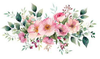 Fototapeta premium Bouquet made of pink watercolor flowers and green leaves, wedding and greeting