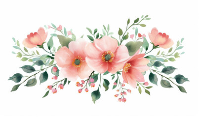 Fototapeta premium Bouquet made of pink watercolor flowers and green leaves, wedding and greeting