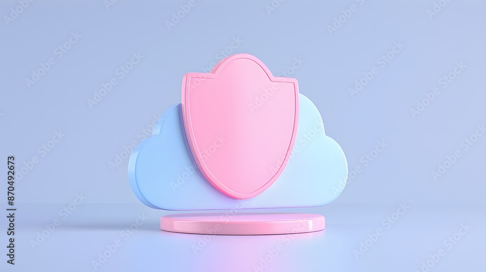 Poster 3d rendering of a pink shield over a pastel cloud, symbolizing cloud security and data protection on