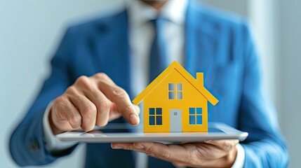 Businessman in a suit holding a tablet with a small yellow house model, symbolizing real estate and digital technology integration.