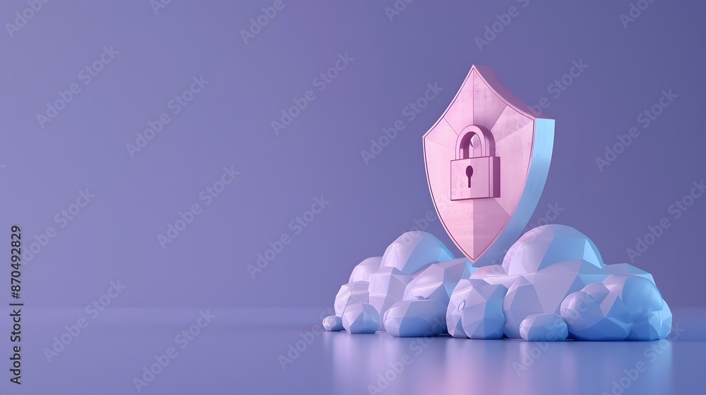 Poster 3d rendering of a secure shield with a lock symbol, standing above clouds on a blue background, conc