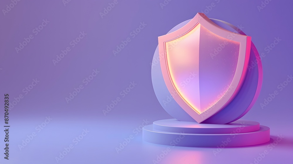 Poster 3d rendering of a shield icon with neon lighting, symbolizing protection and security, placed on a p