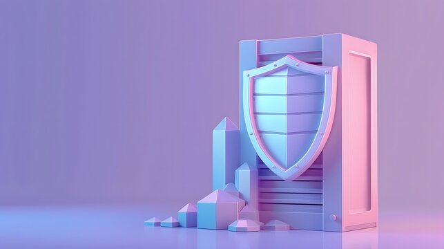 3D rendering of a secure server with a shield protecting it, abstract concept of data protection and cybersecurity.