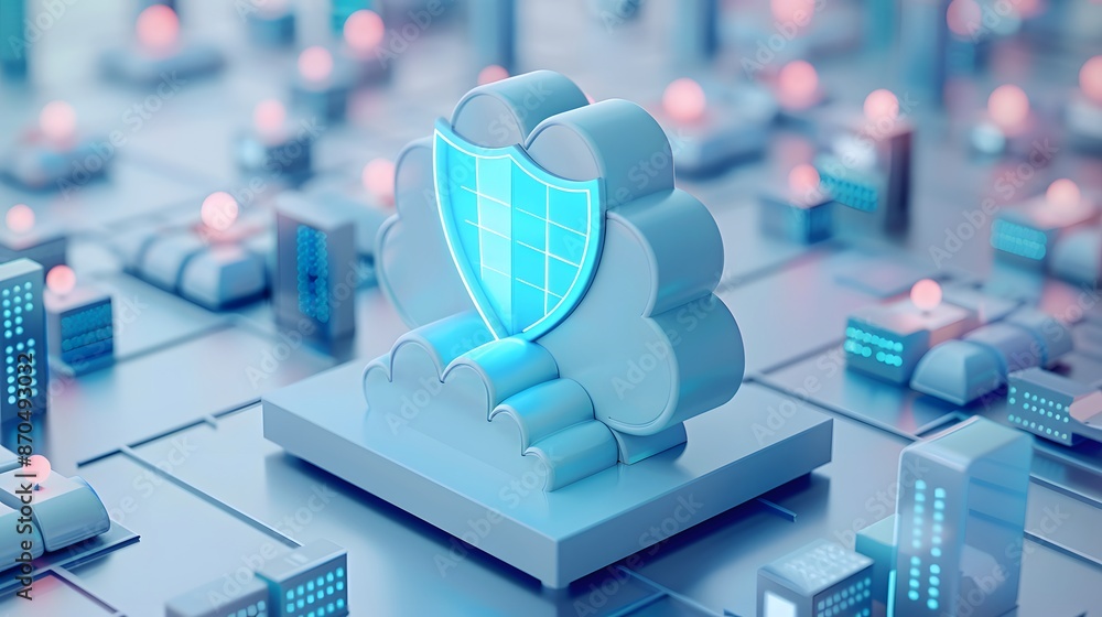 Poster 3d rendering of cloud storage security concept. digital protection and cybersecurity for data in clo